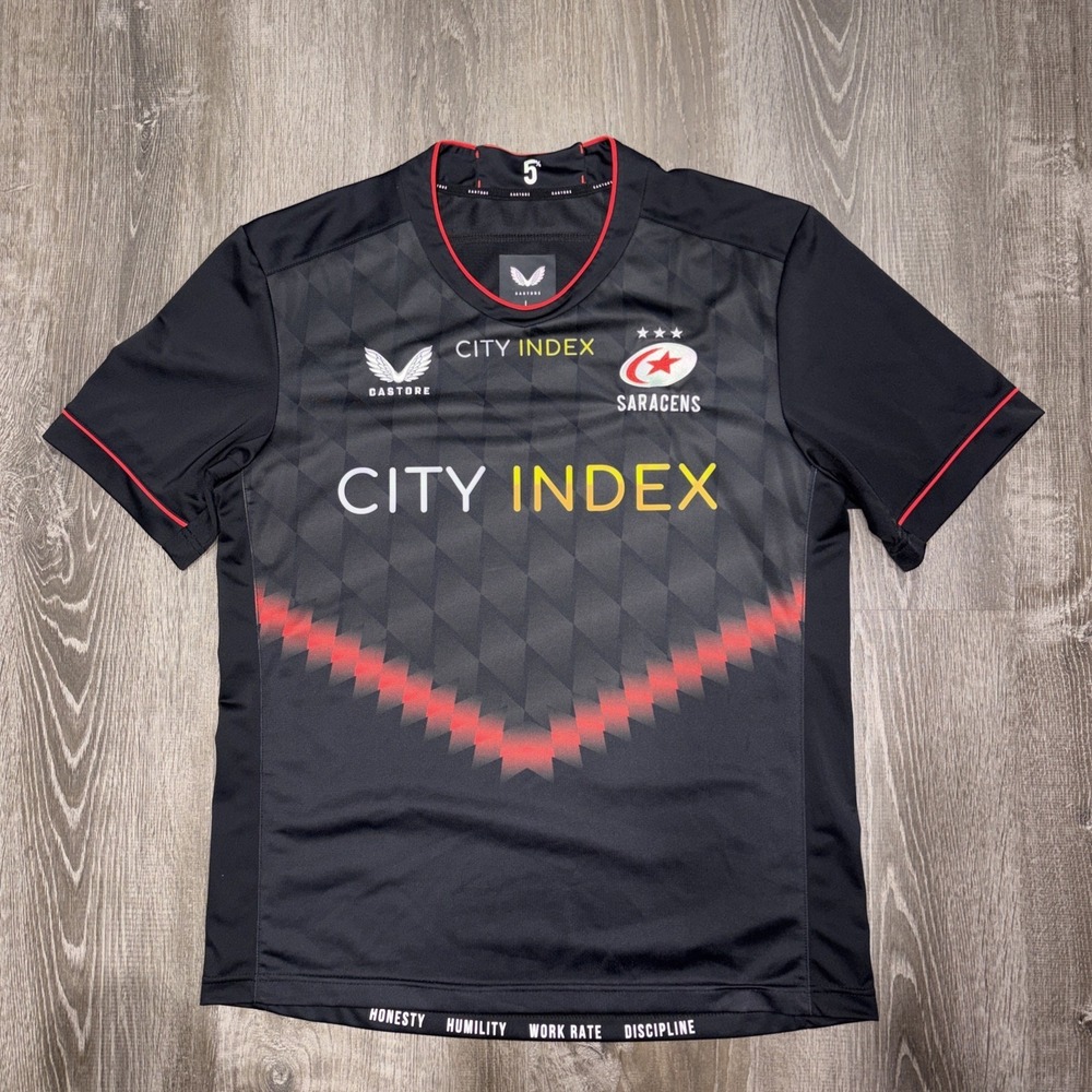 Castore Saracens Home Jersey Rugby Top Short Sleeve Black Mens Size Large EUC